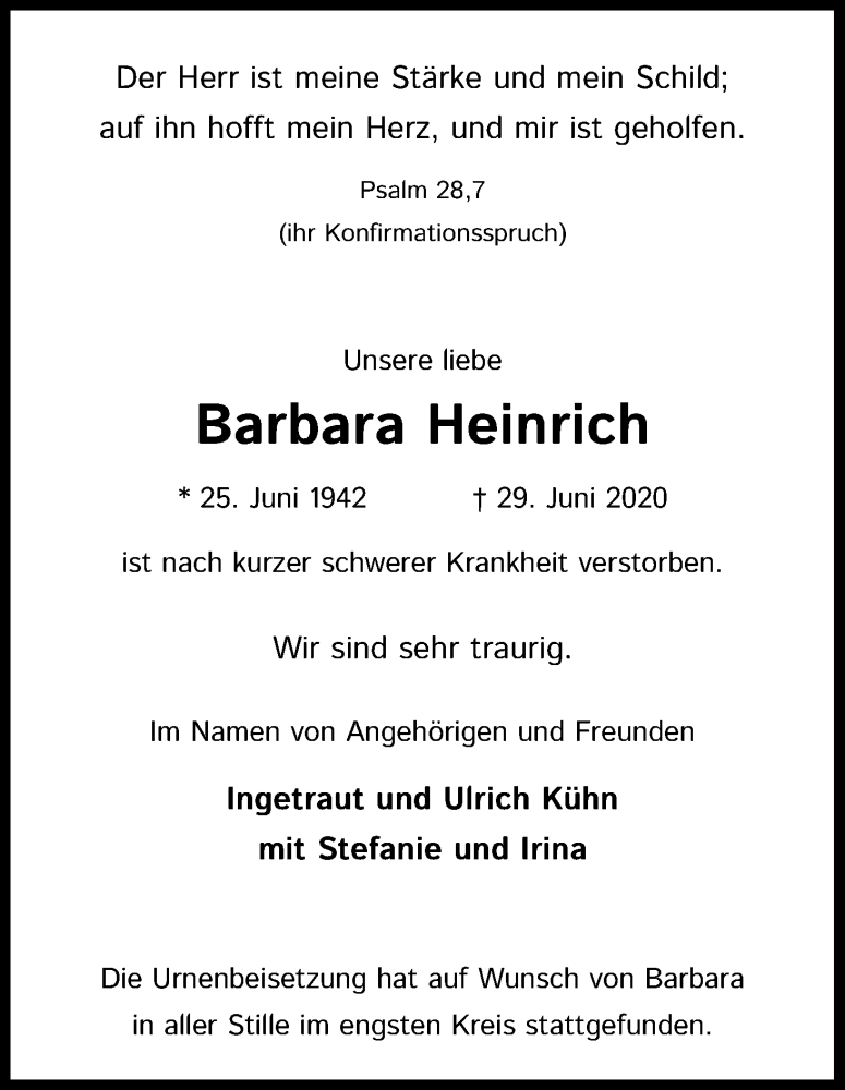  Traueranzeige für Barbara Heinrich vom 25.07.2020 aus Kölner Stadt-Anzeiger / Kölnische Rundschau / Express