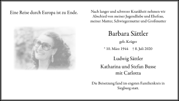 Anzeige von Barbara Sättler von Kölner Stadt-Anzeiger / Kölnische Rundschau / Express