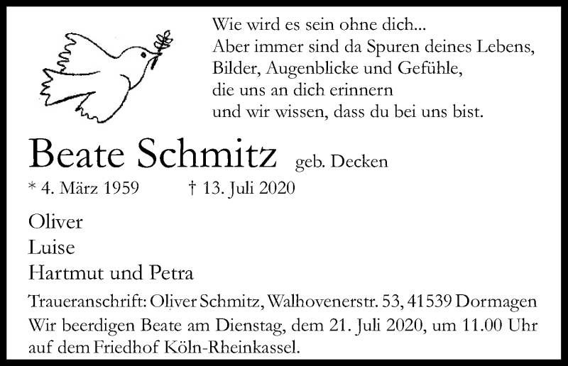  Traueranzeige für Beate Schmitz vom 18.07.2020 aus Kölner Stadt-Anzeiger / Kölnische Rundschau / Express