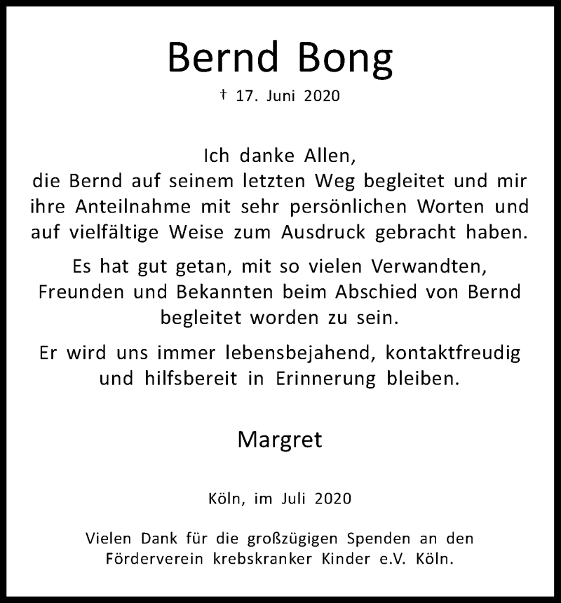  Traueranzeige für Bernd Bong vom 25.07.2020 aus Kölner Stadt-Anzeiger / Kölnische Rundschau / Express
