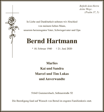 Anzeige von Bernd Hartmann von  Anzeigen Echo 