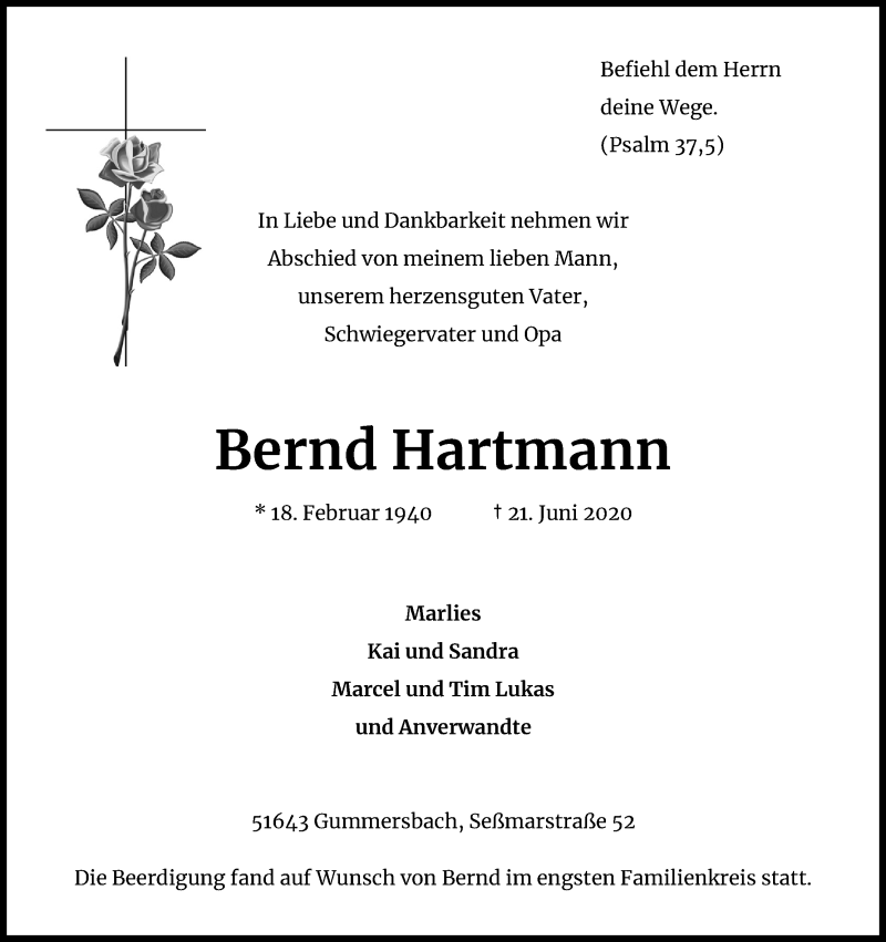  Traueranzeige für Bernd Hartmann vom 04.07.2020 aus Kölner Stadt-Anzeiger / Kölnische Rundschau / Express