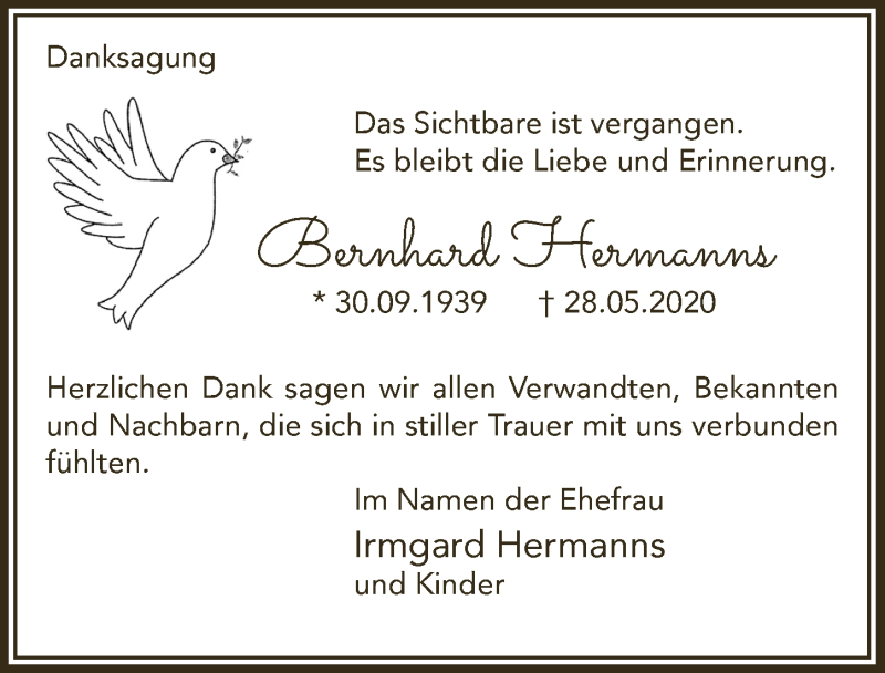  Traueranzeige für Bernhard Hermanns vom 10.07.2020 aus  Lokalanzeiger 