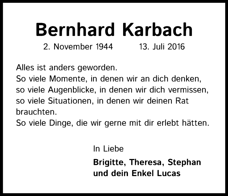  Traueranzeige für Bernhard Karbach vom 18.07.2020 aus Kölner Stadt-Anzeiger / Kölnische Rundschau / Express