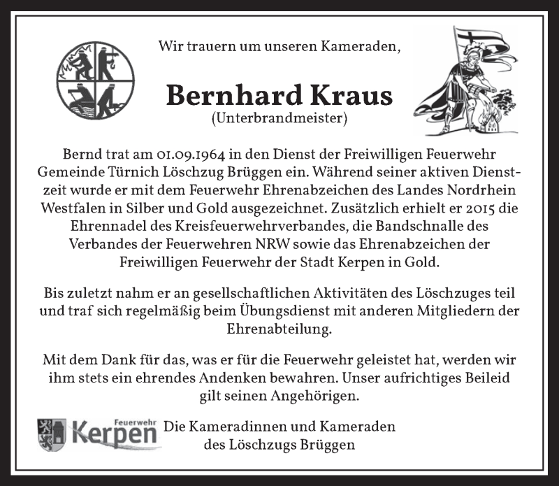  Traueranzeige für Bernhard Kraus vom 24.07.2020 aus  Werbepost 