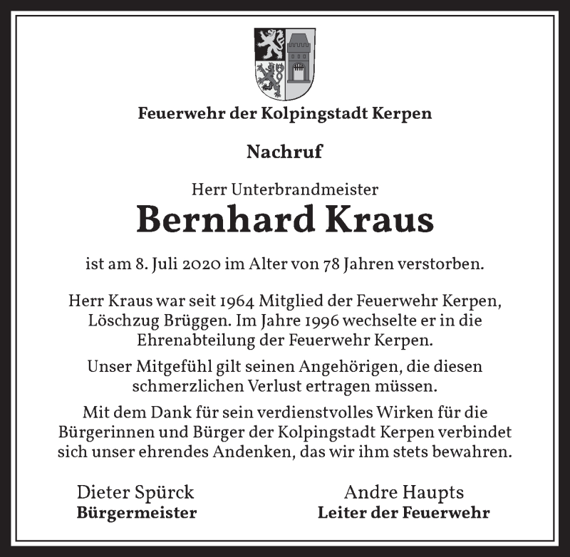  Traueranzeige für Bernhard Kraus vom 24.07.2020 aus  Werbepost 