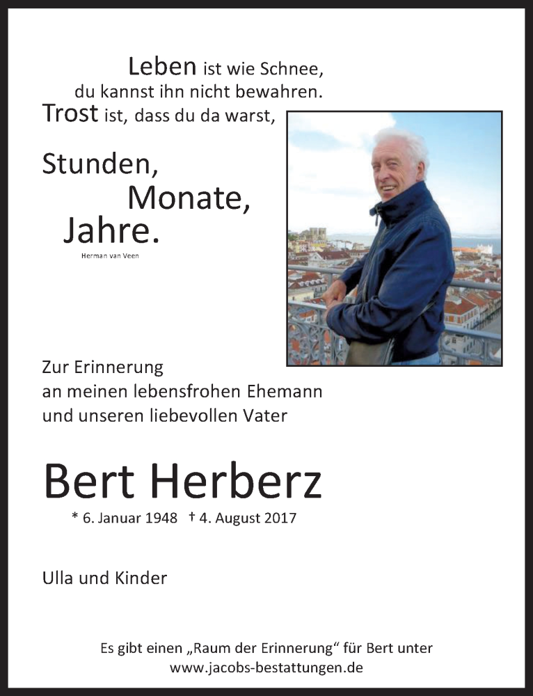  Traueranzeige für Bert Herberz vom 31.07.2020 aus  Werbepost 