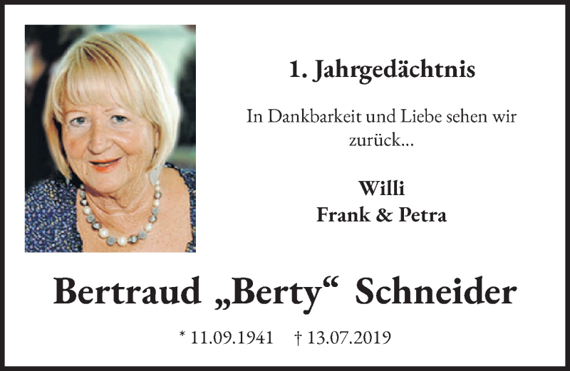  Traueranzeige für Bertraud Schneider vom 17.07.2020 aus  Schlossbote/Werbekurier 