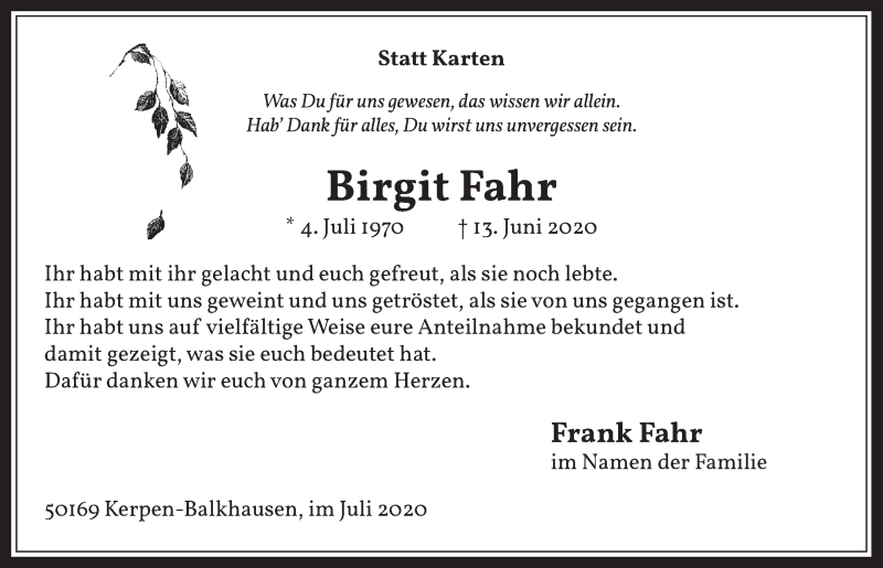  Traueranzeige für Birgit Fahr vom 17.07.2020 aus  Werbepost 