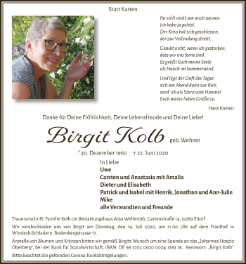 Anzeige von Birgit Kolb von  Lokalanzeiger 