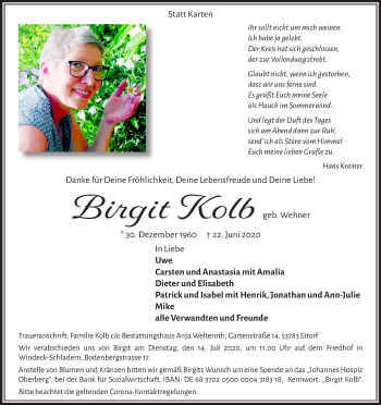 Anzeige von Birgit Kolb von Kölner Stadt-Anzeiger / Kölnische Rundschau / Express