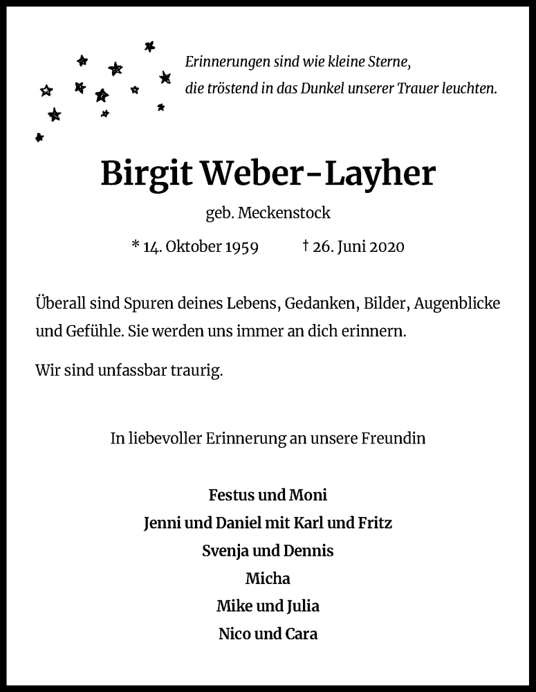  Traueranzeige für Birgit Weber-Layher vom 09.07.2020 aus Kölner Stadt-Anzeiger / Kölnische Rundschau / Express