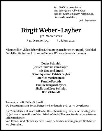Anzeige von Birgit Weber-Layher von Kölner Stadt-Anzeiger / Kölnische Rundschau / Express