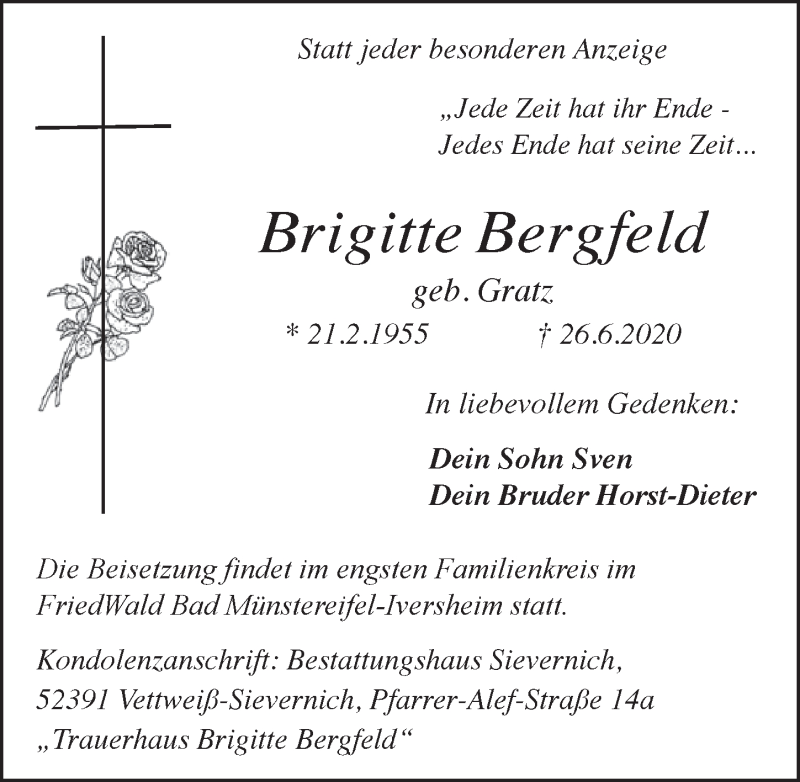  Traueranzeige für Brigitte Bergfeld vom 04.07.2020 aus  Blickpunkt Euskirchen 