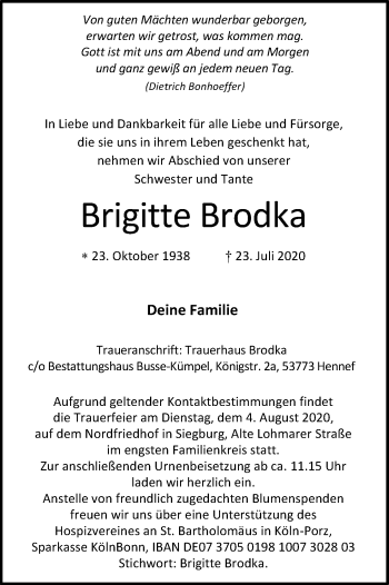 Anzeige von Brigitte Brodka von Kölner Stadt-Anzeiger / Kölnische Rundschau / Express