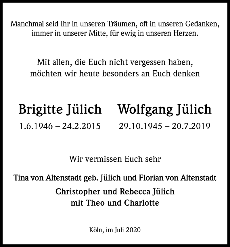 Traueranzeige für Brigitte Jülich vom 18.07.2020 aus Kölner Stadt-Anzeiger / Kölnische Rundschau / Express
