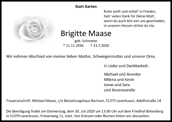 Anzeige von Brigitte Maase von Kölner Stadt-Anzeiger / Kölnische Rundschau / Express