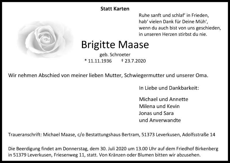  Traueranzeige für Brigitte Maase vom 28.07.2020 aus Kölner Stadt-Anzeiger / Kölnische Rundschau / Express
