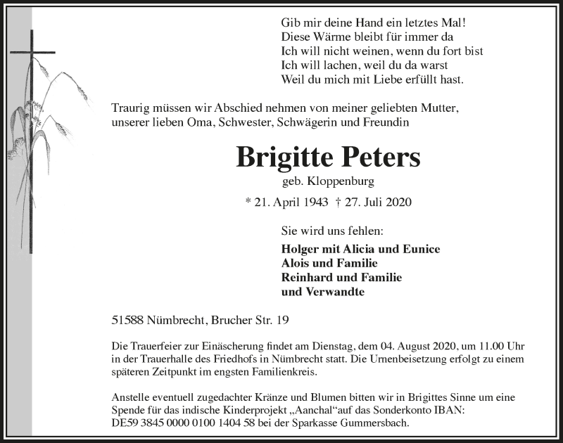  Traueranzeige für Brigitte Peters vom 31.07.2020 aus  Lokalanzeiger 
