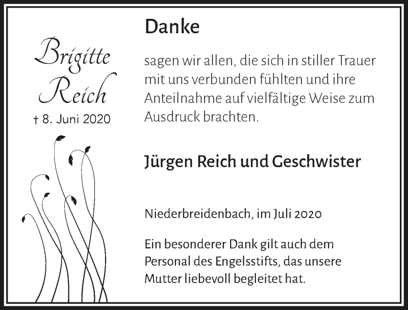  Traueranzeige für Brigitte Reich vom 10.07.2020 aus  Lokalanzeiger 
