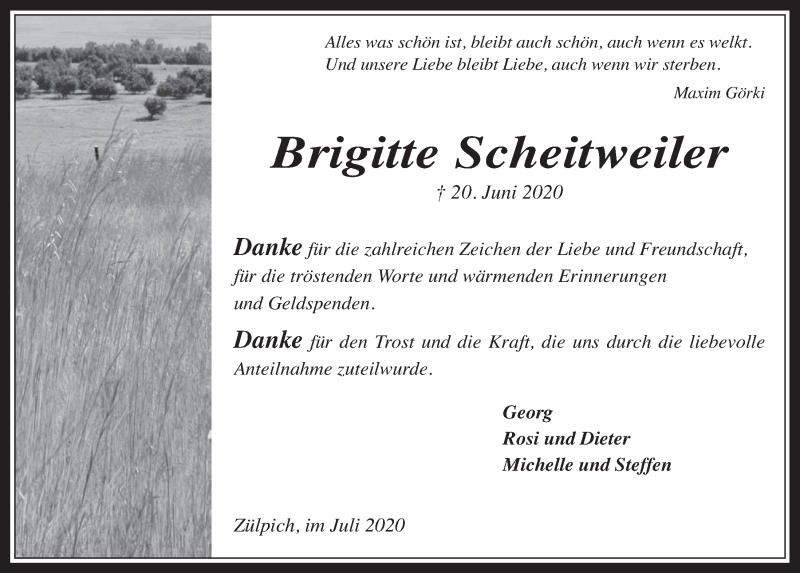  Traueranzeige für Brigitte Scheitweilet vom 25.07.2020 aus  Blickpunkt Euskirchen 