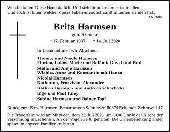 Anzeige von Brita Harmsen von Kölner Stadt-Anzeiger / Kölnische Rundschau / Express
