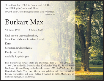 Anzeige von Burkart Max von Kölner Stadt-Anzeiger / Kölnische Rundschau / Express