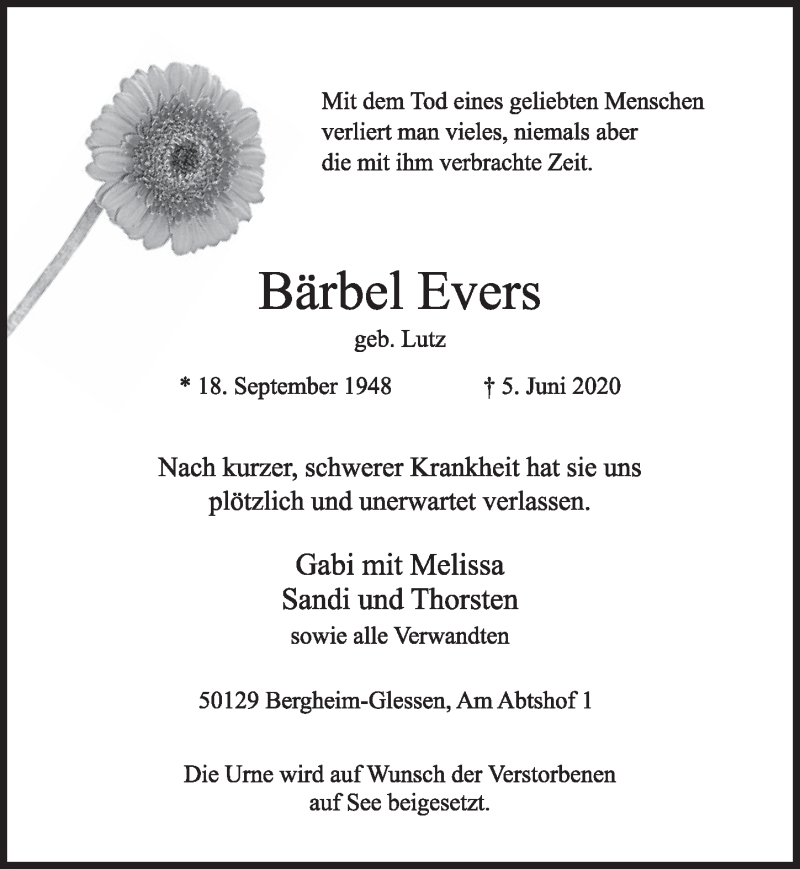  Traueranzeige für Bärbel Evers vom 03.07.2020 aus  Wochenende 