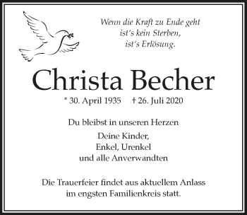 Anzeige von Christa Becher von  Lokalanzeiger 