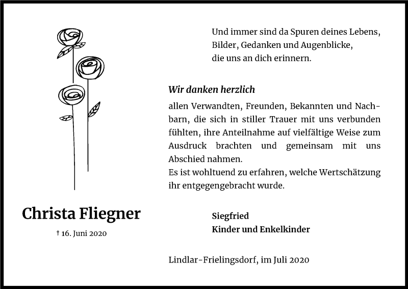  Traueranzeige für Christa Fliegner vom 18.07.2020 aus Kölner Stadt-Anzeiger / Kölnische Rundschau / Express