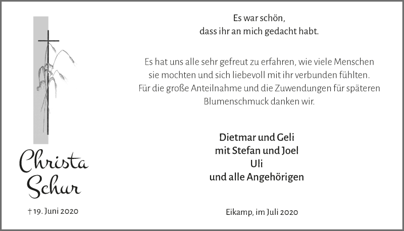  Traueranzeige für Christa Schur vom 17.07.2020 aus  Bergisches Handelsblatt 