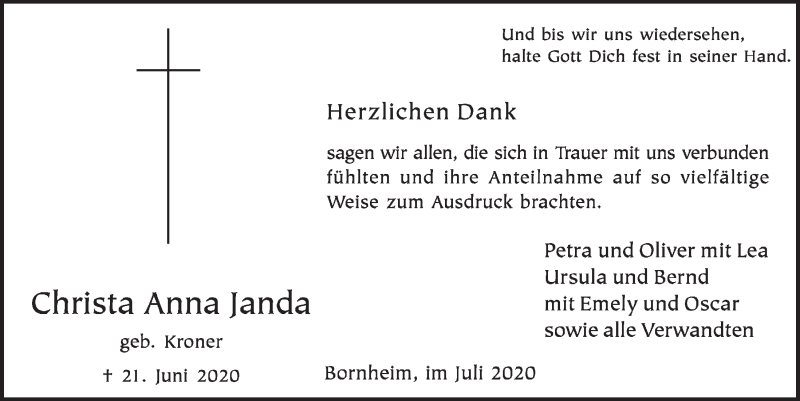  Traueranzeige für Christa Anna Janda vom 24.07.2020 aus  Schlossbote/Werbekurier 