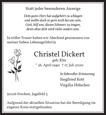 Anzeige von Christel Dickert von  Wochenende 