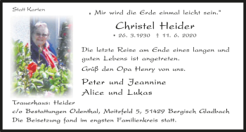 Anzeige von Christel Heider von  Bergisches Handelsblatt 