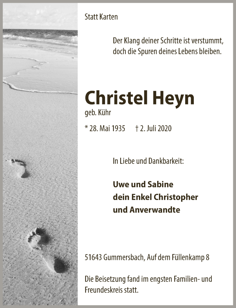  Traueranzeige für Christel Heyn vom 10.07.2020 aus  Anzeigen Echo 
