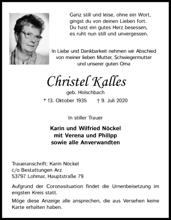 Anzeige von Christel Kalles von Kölner Stadt-Anzeiger / Kölnische Rundschau / Express