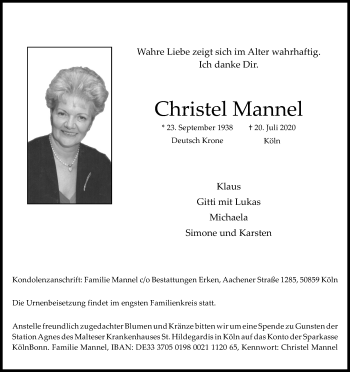 Anzeige von Christel Mannel von Kölner Stadt-Anzeiger / Kölnische Rundschau / Express