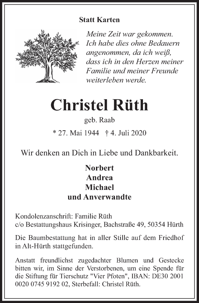  Traueranzeige für Christel Rüth vom 17.07.2020 aus  Wochenende 