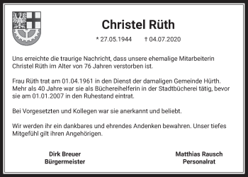 Anzeige von Christel Rüth von  Wochenende 