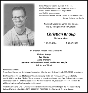 Anzeige von Christian Knaup von Kölner Stadt-Anzeiger / Kölnische Rundschau / Express