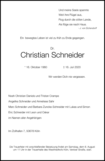 Anzeige von Christian Schneider von Kölner Stadt-Anzeiger / Kölnische Rundschau / Express