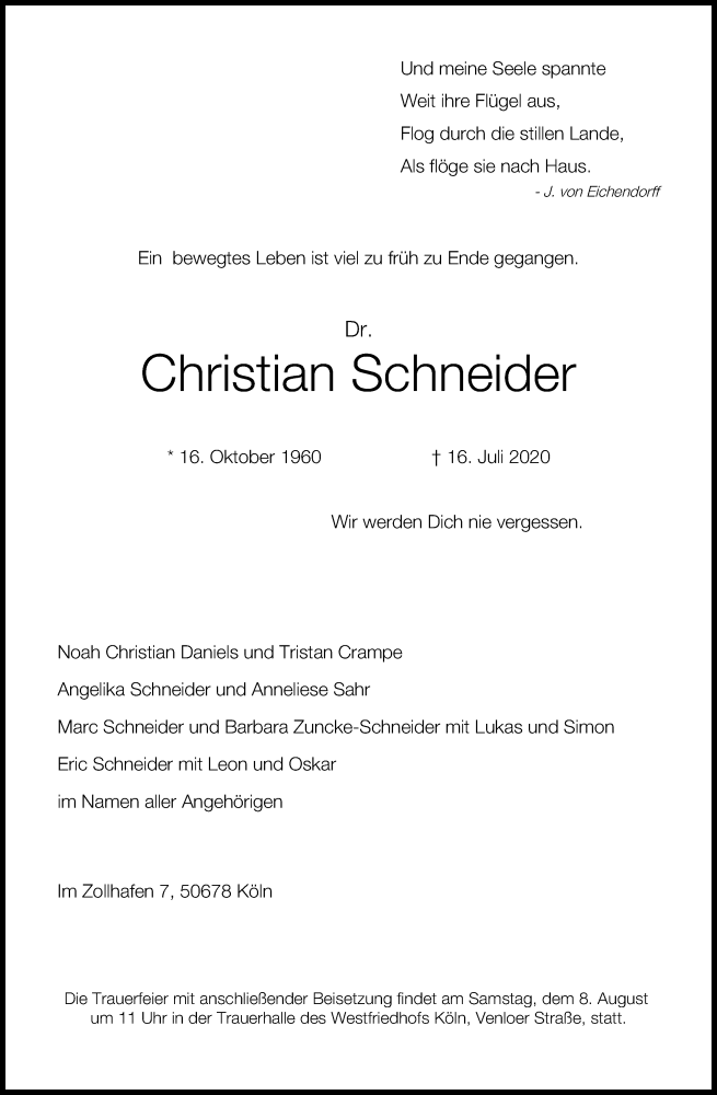  Traueranzeige für Christian Schneider vom 28.07.2020 aus Kölner Stadt-Anzeiger / Kölnische Rundschau / Express