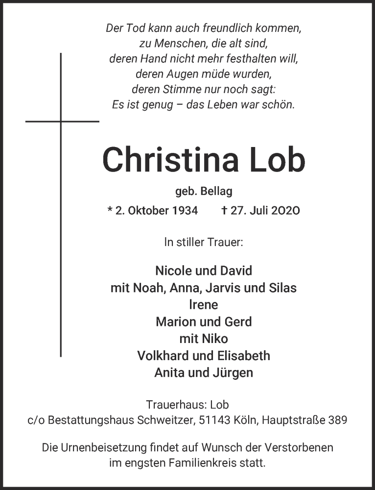  Traueranzeige für Christina Lob vom 31.07.2020 aus  Kölner Wochenspiegel 