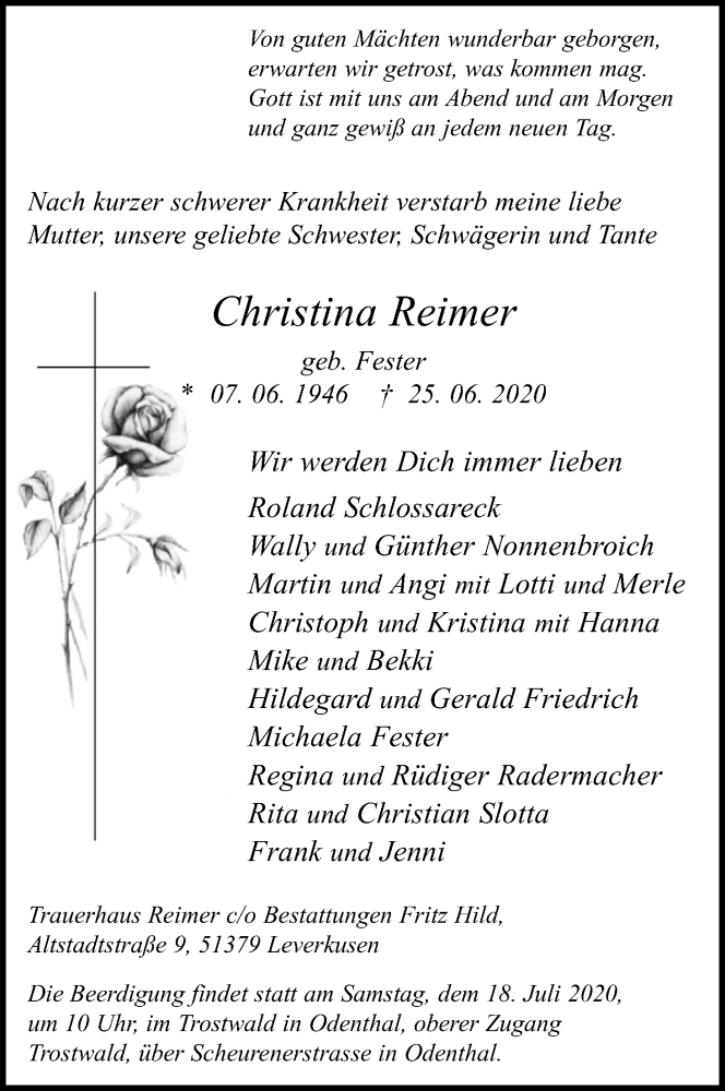  Traueranzeige für Christina Reimer vom 11.07.2020 aus Kölner Stadt-Anzeiger / Kölnische Rundschau / Express