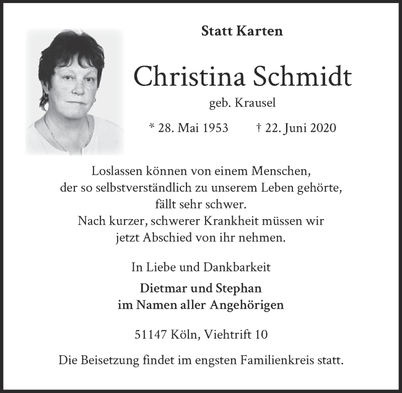  Traueranzeige für Christina Schmidt vom 03.07.2020 aus  Kölner Wochenspiegel 
