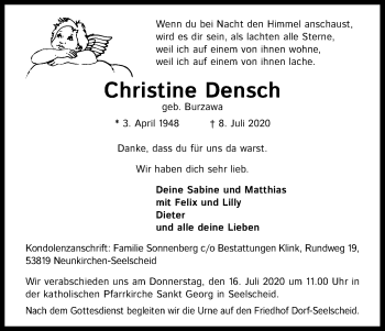 Anzeige von Christine Densch von Kölner Stadt-Anzeiger / Kölnische Rundschau / Express