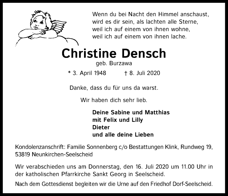  Traueranzeige für Christine Densch vom 11.07.2020 aus Kölner Stadt-Anzeiger / Kölnische Rundschau / Express