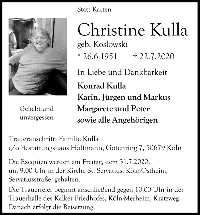  Traueranzeige für Christine Kulla vom 29.07.2020 aus Kölner Stadt-Anzeiger / Kölnische Rundschau / Express