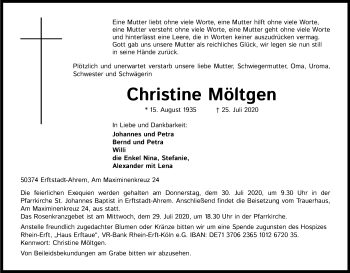 Anzeige von Christine Möltgen von Kölner Stadt-Anzeiger / Kölnische Rundschau / Express