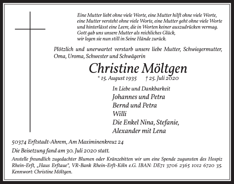  Traueranzeige für Christine Möltgen vom 31.07.2020 aus  Werbepost 